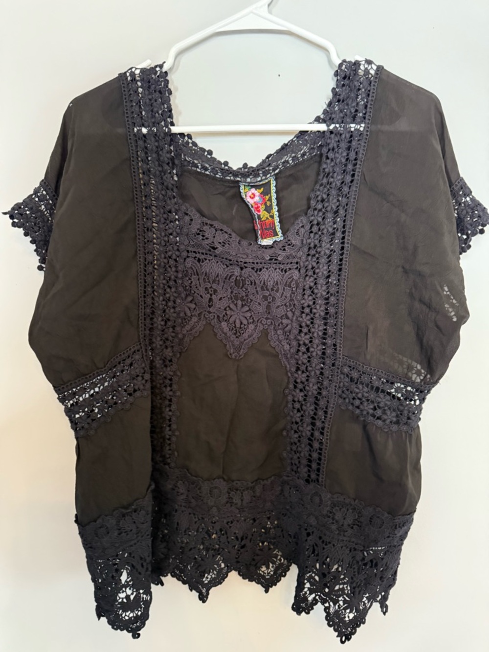 Johnny Was Black Crochet Lace Top with Floral Embroidered Label